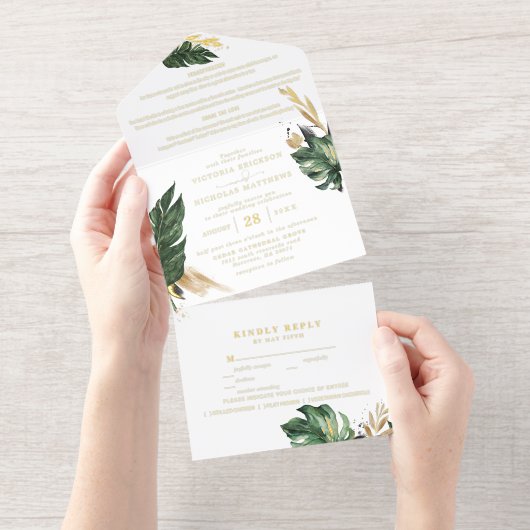 Tropical Green Palm & Banana Leaf Wedding All In One Uitnodiging (Uittrekbaar)