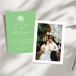 Tropical Green Palm Initials Photo Wedding  Bedankkaart