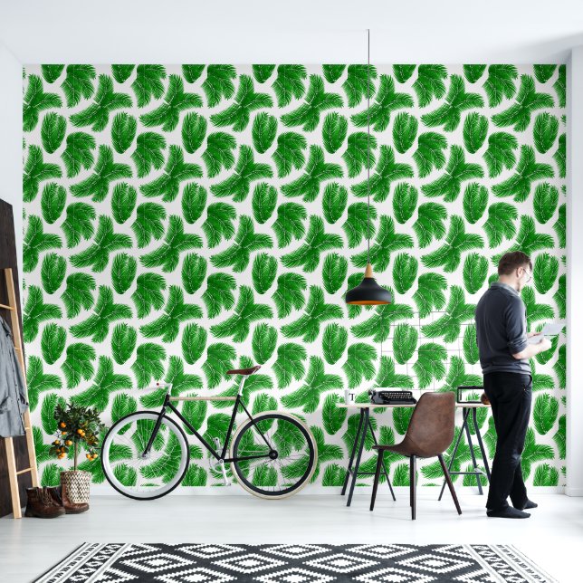 Tropical Green Palm Leaf Pattern Behang (Woonkamer)