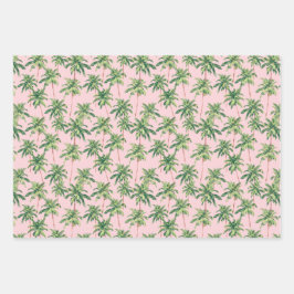 Tropical Green Palm Trees on Pink Inpakpapier Vel