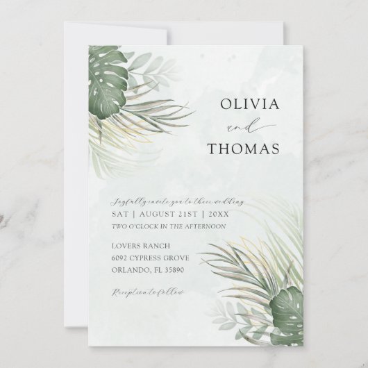 Tropical Green Watercolor Palm Leaves Wedding Kaart (Voorkant)