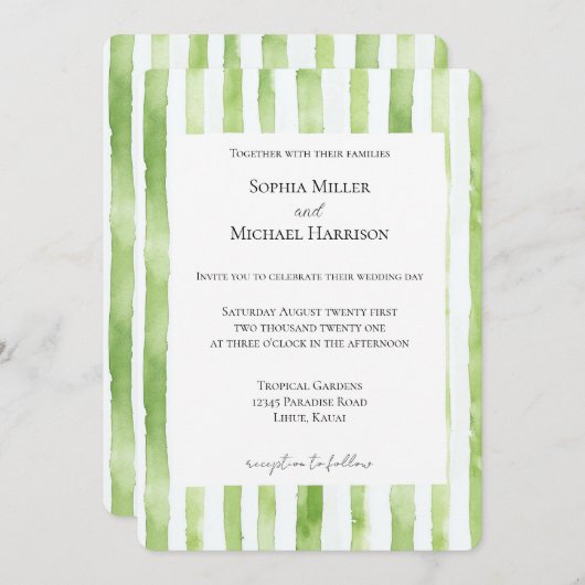 Tropical Green White Stripes Wedding Kaart (Voorkant / Achterkant)