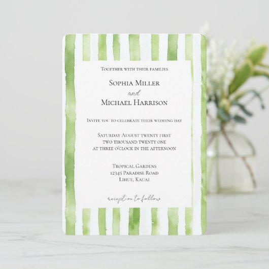 Tropical Green White Stripes Wedding Kaart (Staand voorkant)