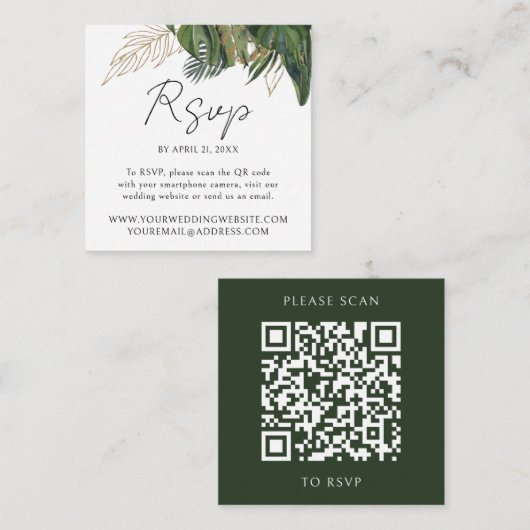 Tropical Greenery Botanical QR Code Wedding RSVP Informatiekaartje (Voorkant / Achterkant)