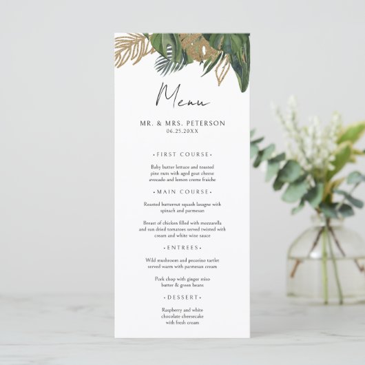Tropical Greenery Botanical Summer Boho Wedding Menu (Staand voorkant)