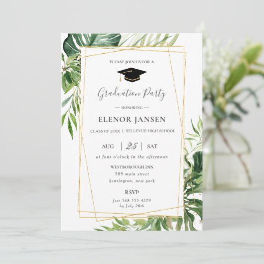 Tropical Greenery Leafy Gold Geometrisch Afstudere Kaart (Staand voorkant)