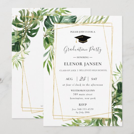 Tropical Greenery Leafy Gold Geometrisch Afstudere Kaart (Voorkant / Achterkant)