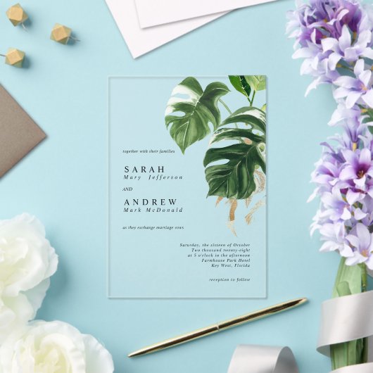 Tropical Greenery Leaves Modern Minimal Wedding Acryl Uitnodigingen (Insitu (Huwelijk))