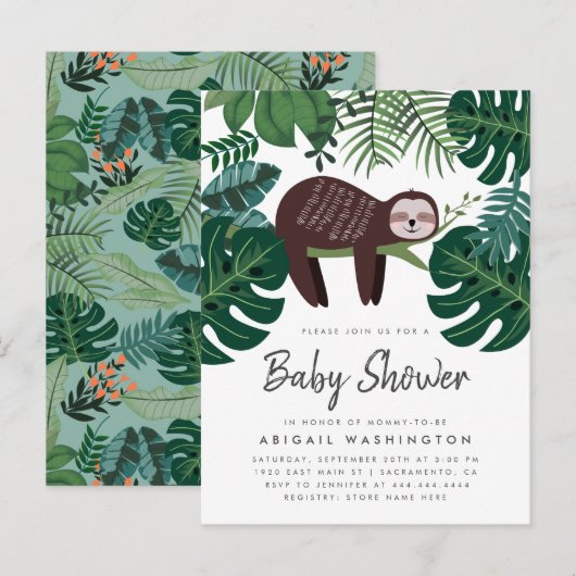 Tropical Greenery Sleeping Sloth Baby shower Uitnodiging Briefkaart (Voorkant / Achterkant)