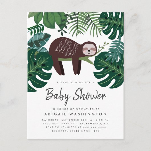 Tropical Greenery Sleeping Sloth Baby shower Uitnodiging Briefkaart (Voorkant)
