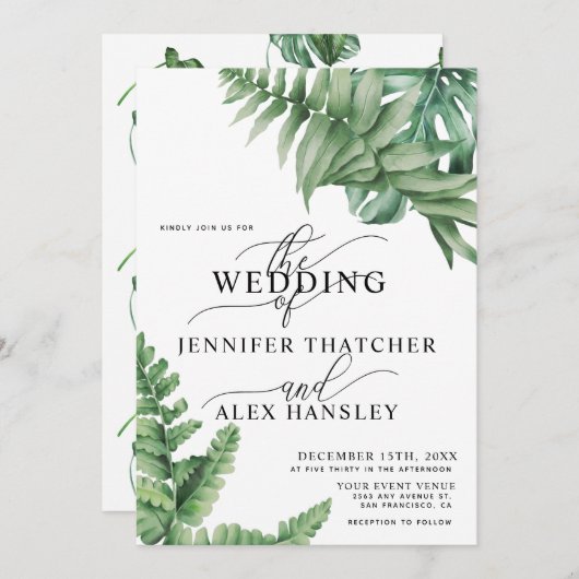 Tropical Greenery Waterverf QR Code Wedding Kaart (Voorkant / Achterkant)