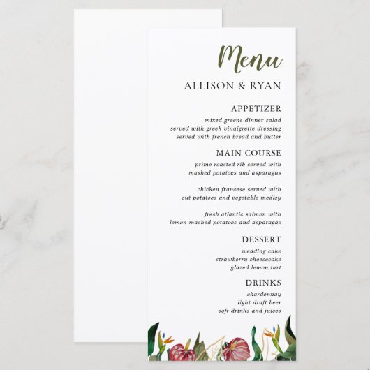 Tropical Greenery Waterverf Wedding Menu (Voorkant / Achterkant)