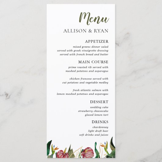 Tropical Greenery Waterverf Wedding Menu (Voorkant)