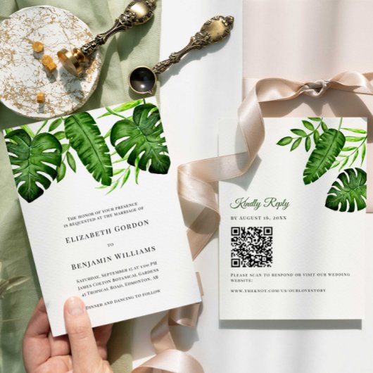 Tropical Greenery Wedding QR Code RSVP Botanical Kaart