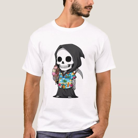 Tropical Grim Treats – Playful Skeleton Cartoon T-shirt (Voorkant)