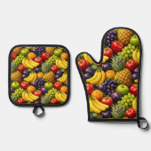 Tropical harvest, vibrant fruit pattern, oven mint ovenwant & pannenlap set (Voorkant)