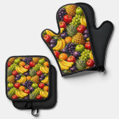 Tropical harvest, vibrant fruit pattern, oven mint ovenwant & pannenlap set (Voorkant / Achterkant)