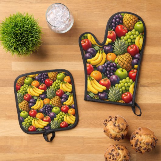Tropical harvest, vibrant fruit pattern, oven mint ovenwant & pannenlap set (Top down)