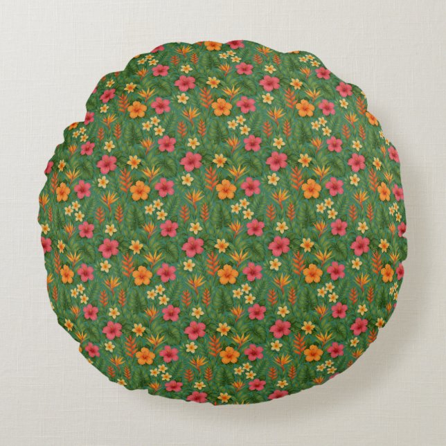 Tropical/Hawaii patterned floral Rond Kussen (Voorkant)
