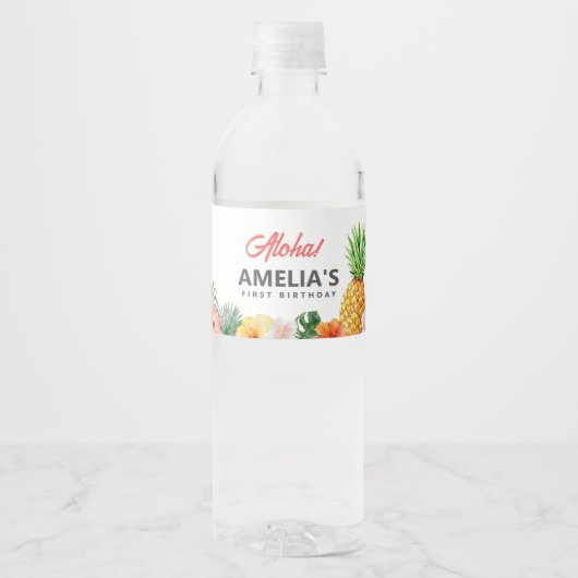 Tropical Hawaiian Birthday Water Bottle Label Waterfles Etiket (Voorkant)