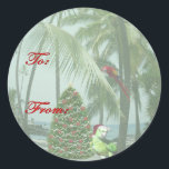 Tropical Hawaiian Christmas Gift Label Sticker<br><div class="desc">Als je op reis bent in de tropen is dit geschenk label voor jou en je ontvangers. Een kerstpapegaai voor een versierde kerstboom op het strand roept de Macaw op zich af te vragen wat er aan de hand is.</div>