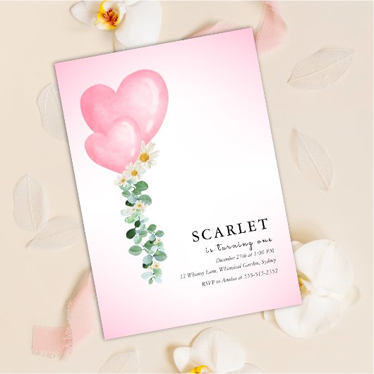 Tropical hearts balloons simple first birthday   kaart