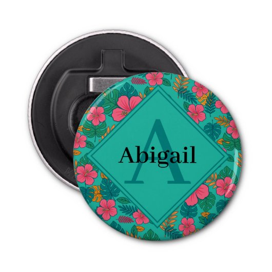 Tropical Hibiscus and Palm Leaf Pattern Button Flesopener (Voorkant)