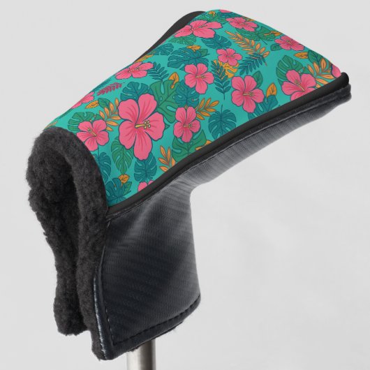 Tropical Hibiscus and Palm Leaf Pattern Golfheadcover (3/4 voorkant)