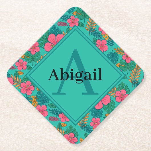 Tropical Hibiscus and Palm Leaf Pattern Kartonnen Onderzetters (Voorkant)