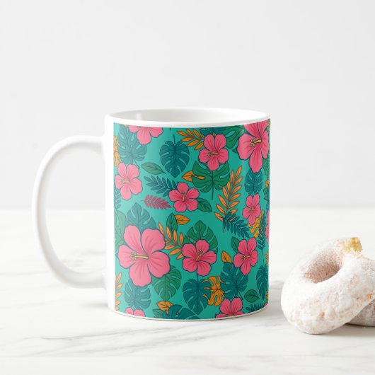 Tropical Hibiscus and Palm Leaf Pattern  Koffiemok (Met donut)