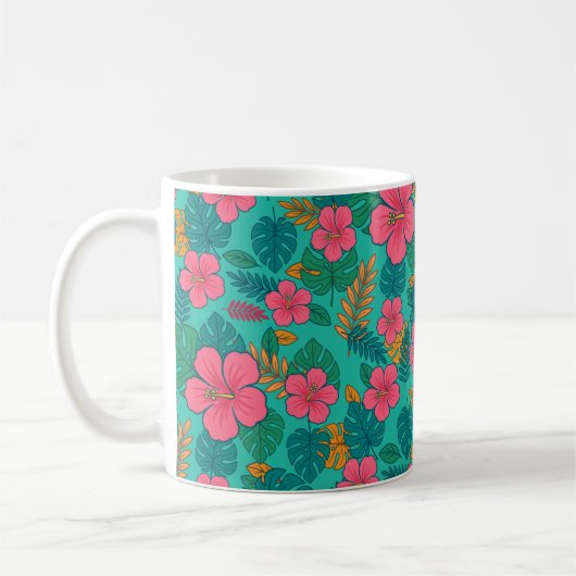 Tropical Hibiscus and Palm Leaf Pattern  Koffiemok (Links)