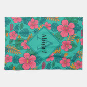 Tropical Hibiscus and Palm Leaf Pattern Theedoek (Horizontaal)