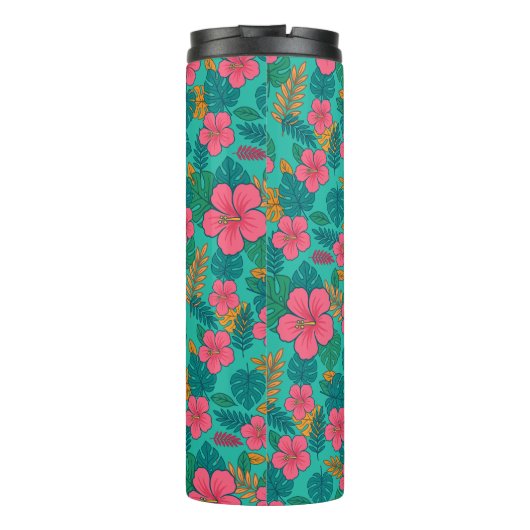 Tropical Hibiscus and Palm Leaf Pattern  Thermosbeker (Achterkant)