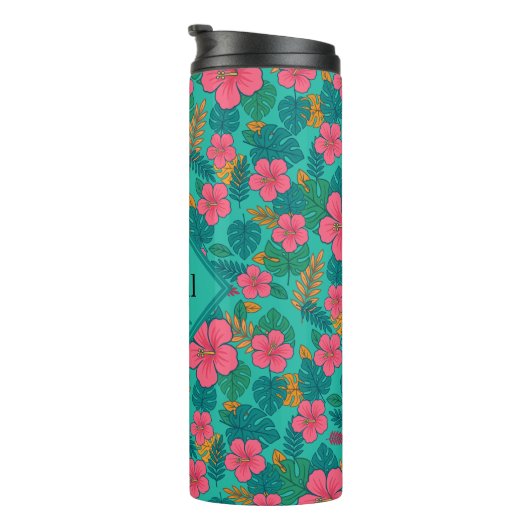 Tropical Hibiscus and Palm Leaf Pattern  Thermosbeker (Geroteerd rechts)