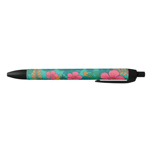 Tropical Hibiscus and Palm Leaf Pattern Zwarte Inkt Pen (Bodem)