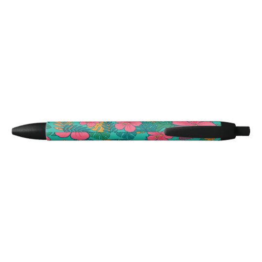 Tropical Hibiscus and Palm Leaf Pattern Zwarte Inkt Pen (Achterkant)