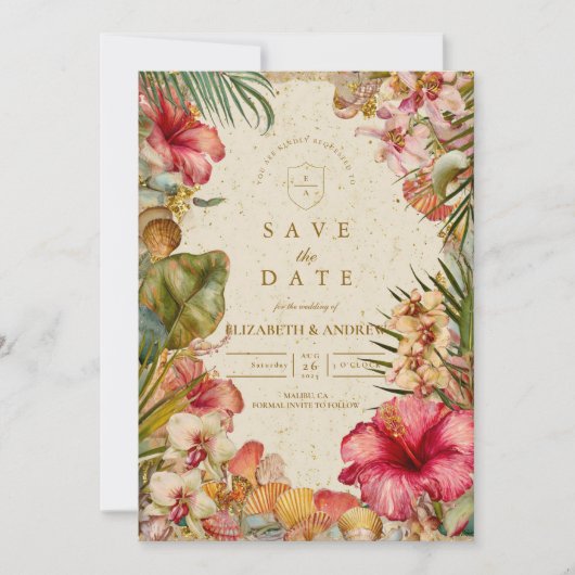 Tropical Hibiscus Botanical Wedding Save The Date (Voorkant)