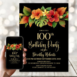 Tropical Hibiscus Floral Black 100th Birthday Kaart