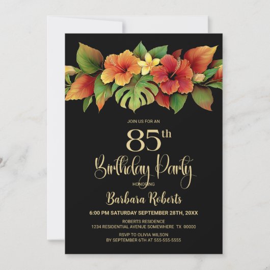 Tropical Hibiscus Floral Black 85th Birthday Party Kaart (Voorkant)