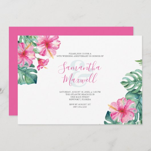 Tropical Hibiscus Flower Jubileum Invite (Voorkant / Achterkant)