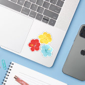 Tropical Hibiscus Flower Trio – Red, Yellow & Blue Sticker (Laptop met iPhone)