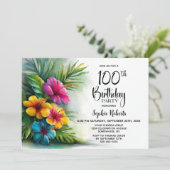 Tropical Hibiscus Flowers 100th Birthday Party Kaart (Staand voorkant)
