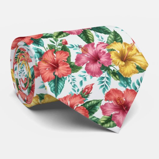 Tropical Hibiscus Garden Floral Pattern Stropdas (Opgerold)