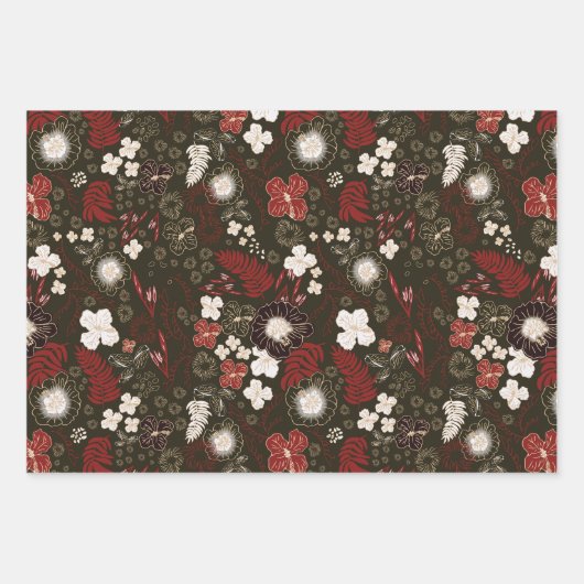Tropical Hibiscus, Palm, Stripe Red Sage Christmas Inpakpapier Vel (Voorkant)