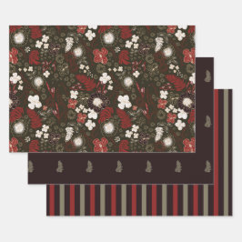 Tropical Hibiscus, Palm, Stripe Red Sage Christmas Inpakpapier Vel