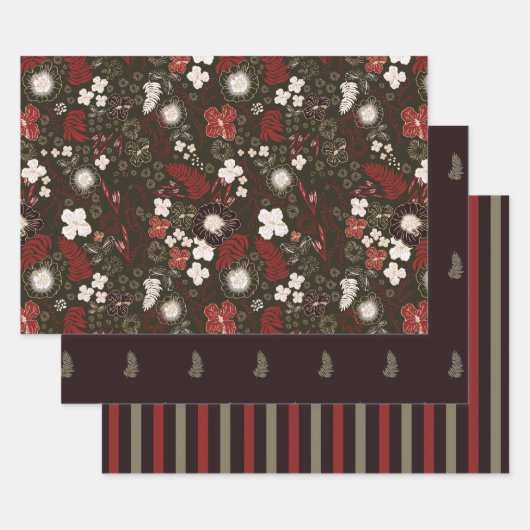 Tropical Hibiscus, Palm, Stripe Red Sage Christmas Inpakpapier Vel (Set)