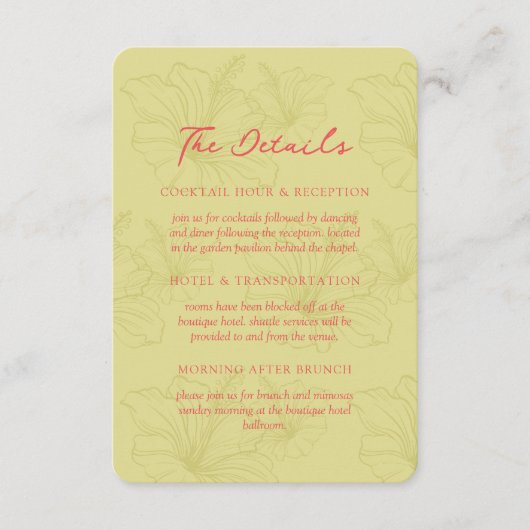 Tropical Hibiscus Pattern Vibrant Wedding Informatiekaartje (Voorkant)