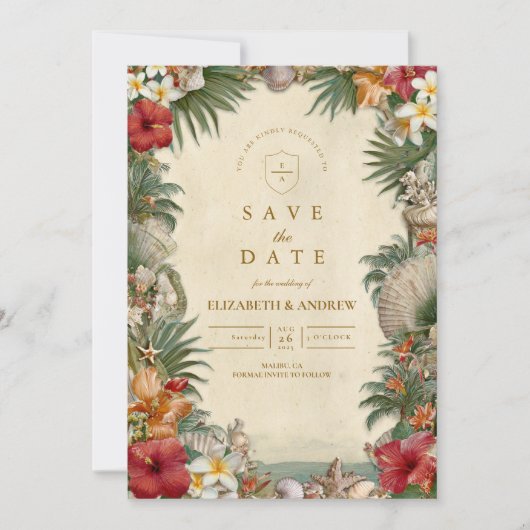 Tropical Hibiscus Seashell Wedding Save The Date (Voorkant)