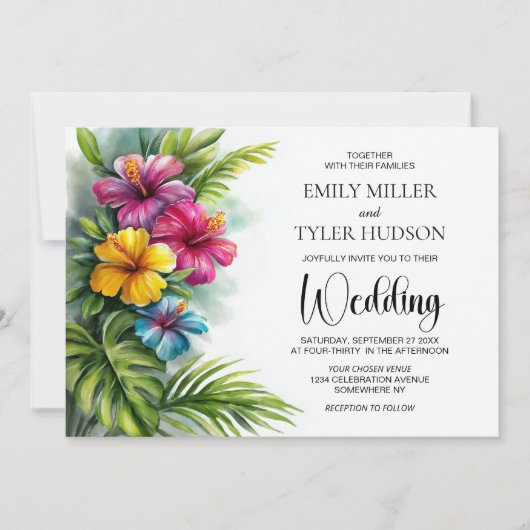 Tropical Hibiscus Wedding Kaart (Voorkant)