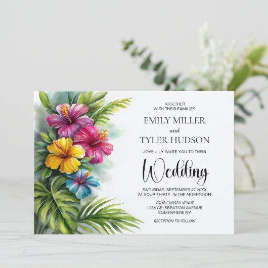 Tropical Hibiscus Wedding Kaart (Staand voorkant)